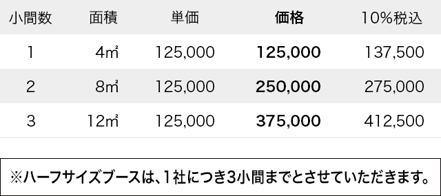 ハーフサイズブース 価格表